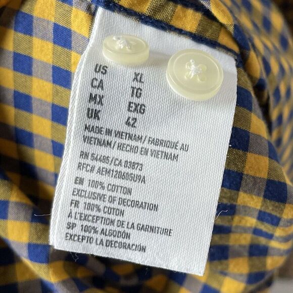 AMERICAN EAGLE AEO Mens Yellow Navy Check Button-Down Shirt Classic-Fit Sz XL - Picture 6 of 7